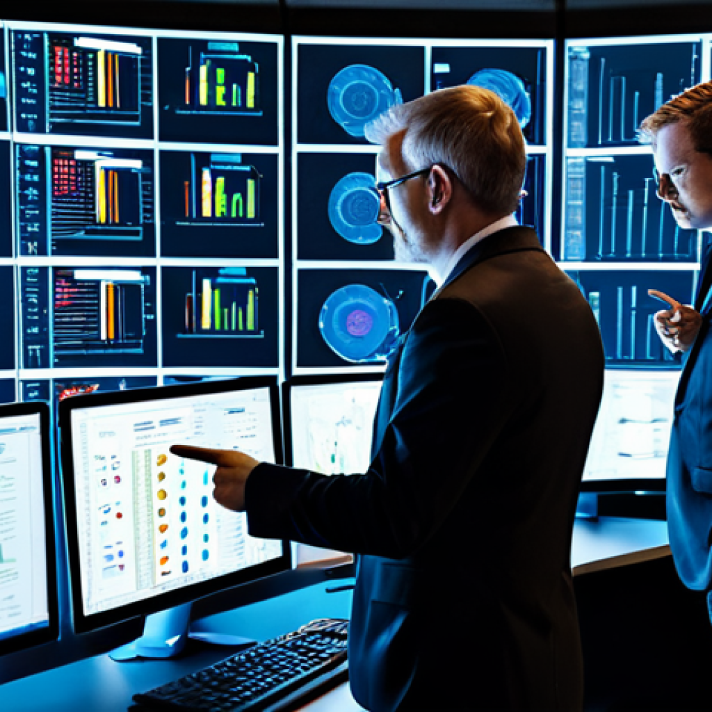 A diverse team of adult cybersecurity professionals in a modern, well-lit control room, intently collaborating around a large, interactive display showing complex network diagrams and threat analytics. Each team member is fully clothed in modest business attire and professional dress, actively engaged in discussion with natural poses, pointing at data, and reviewing screens. The scene conveys a sense of proactive preparedness and focused problem-solving. The background features organized server racks and glowing data indicators, emphasizing a high-tech environment. The image should be professional photography, high quality, with perfect anatomy, correct proportions, well-formed hands, and proper finger count. It is safe for work, appropriate content, and family-friendly.