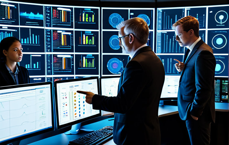 A diverse team of adult cybersecurity professionals in a modern, well-lit control room, intently collaborating around a large, interactive display showing complex network diagrams and threat analytics. Each team member is fully clothed in modest business attire and professional dress, actively engaged in discussion with natural poses, pointing at data, and reviewing screens. The scene conveys a sense of proactive preparedness and focused problem-solving. The background features organized server racks and glowing data indicators, emphasizing a high-tech environment. The image should be professional photography, high quality, with perfect anatomy, correct proportions, well-formed hands, and proper finger count. It is safe for work, appropriate content, and family-friendly.